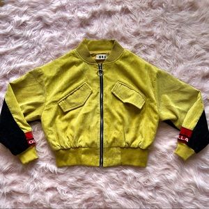 mustard yellow corduroy cropped bomber jacket